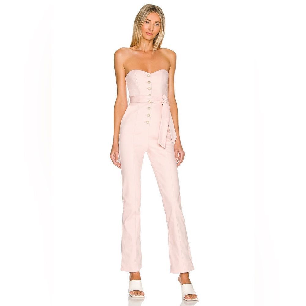 Majorelle Rashida Jumpsuit in Peachy Pink Cotton Tailored Strapless Flare Leg M
